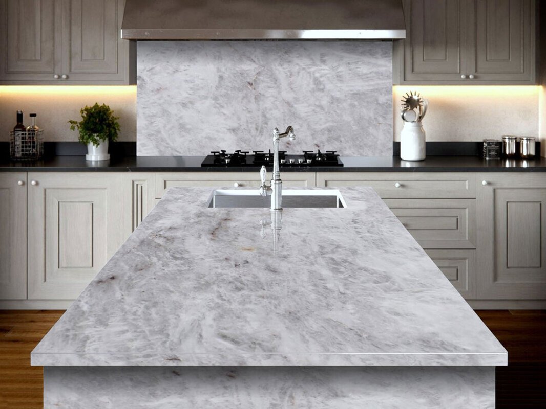 cristallo quartzite kitchen countertop and backsplash